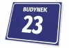 Building sign with number and letter - Rectangular plaque with blue background and white text BUILDING.