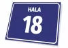 Blue rectangular sign with number and letter designation, featuring a graphic design and white text.