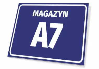 Warehouse sign with number and letter designation - Graphic design. Rectangular blue sign.
