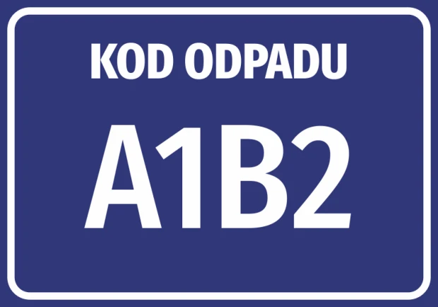 Waste code sticker with number and waste code - Graphic design. Blue background with white text.