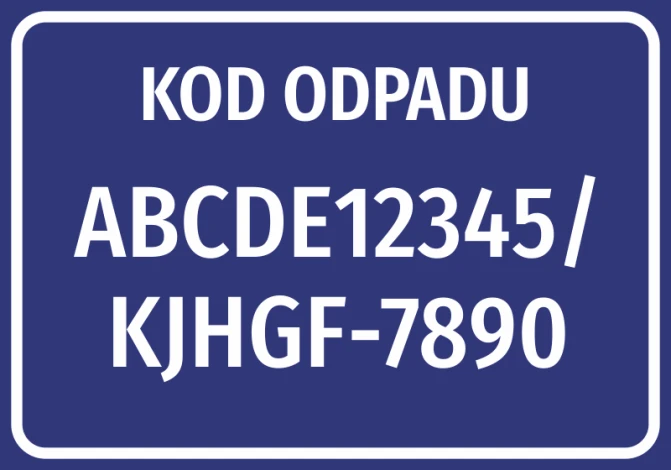 Waste code sticker with number and graphic design. Rectangular sticker with white text on a blue background.