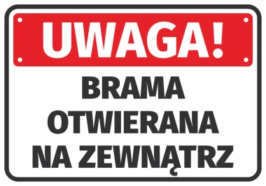 Warning sticker: Door opens outward - Graphic design. Red background with white text in large letters.