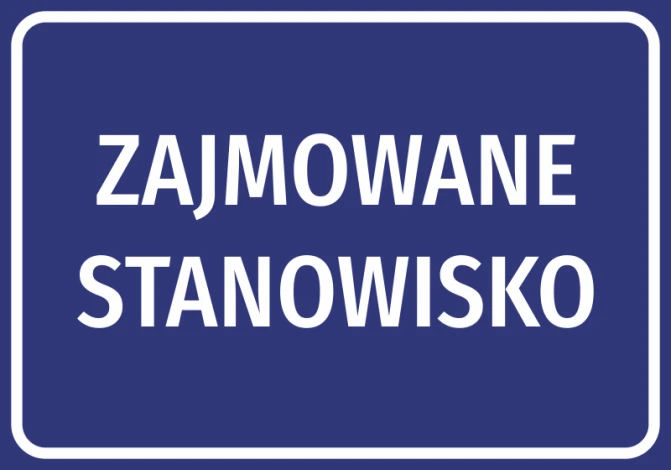 Nameplate sticker - Graphic design. Simple rectangle with a dark blue background and white text.