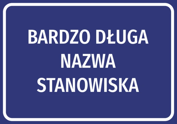 Nameplate sticker - Graphic design. Rectangular shape with white text on a blue background.