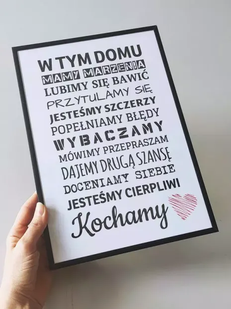 Poster In this house 157 - Graphic design. Text in various fonts, heart in the bottom corner.