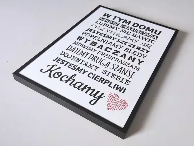 Poster In this house 157 - Graphic design. Text in various fonts, heart in red color.