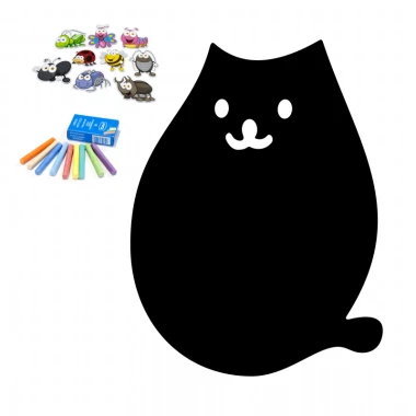 Chalkboard magnetic board for kids featuring a smiling cat design, colorful crayons, and magnets.