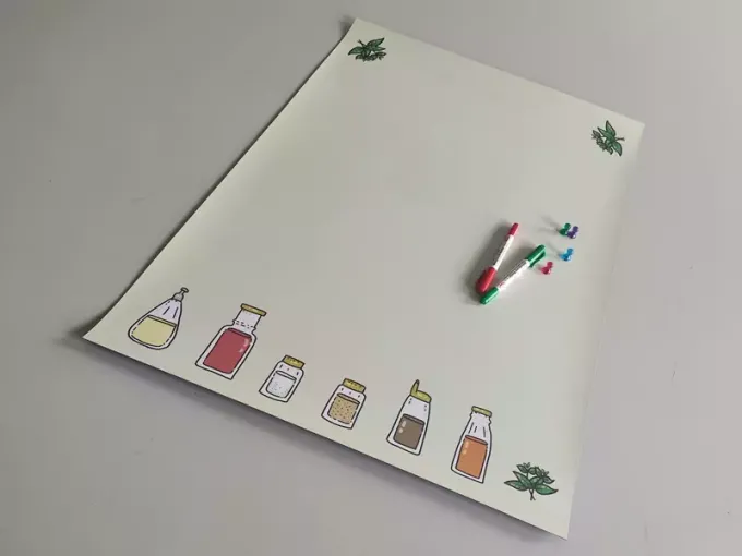 Magnetic dry-erase board for kitchen spices 545 - Graphic design with jar illustrations on a white background.