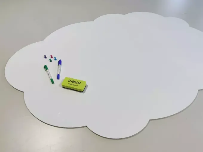 Dry-erase magnetic board for kids\' room, cloud shape with a white background and graphic design.