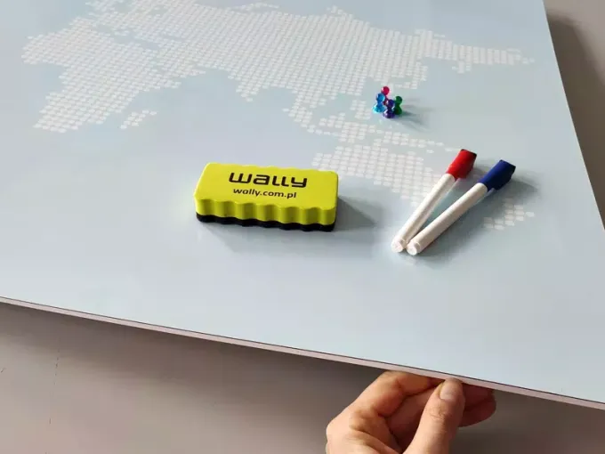 Magnetic dry-erase world map board 333 - Features a graphic design with bright outlines of the world map.