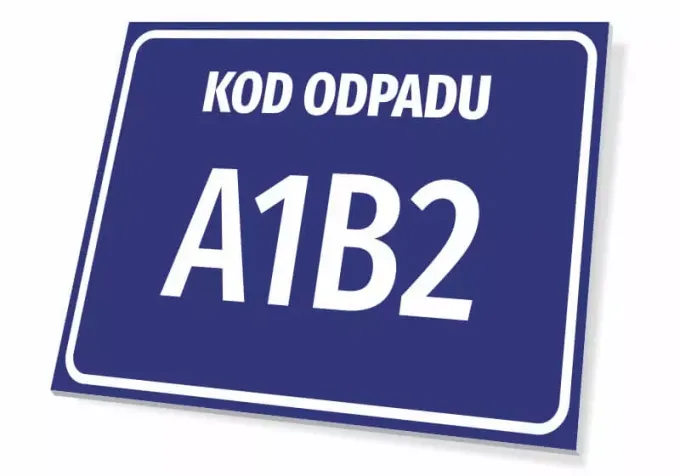 Waste code sign with number, featuring a graphic design. Rectangular sign with a blue background and white text.