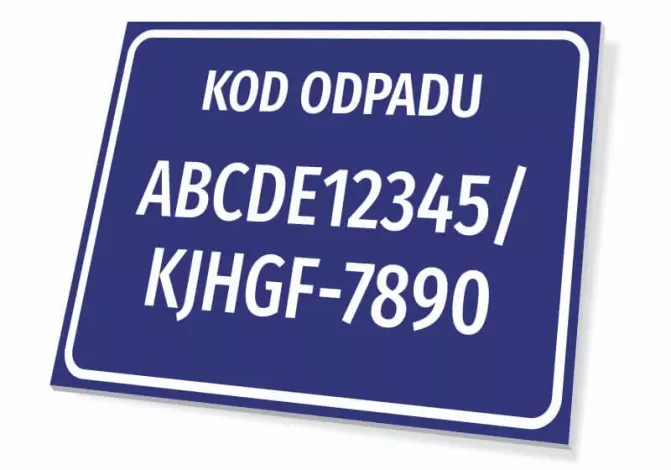 Waste code sign with number, featuring a graphic design. Rectangular sign with a blue background and white text.