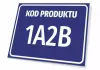 Product plaque with code and number - Graphic design. Simple rectangular shape, blue background, white letters.