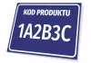 Product label with number and code - Graphic design. Simple rectangle on a blue background with white text.