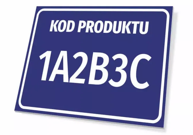 Product label with number and code - Graphic design. Simple rectangle on a blue background with white text.