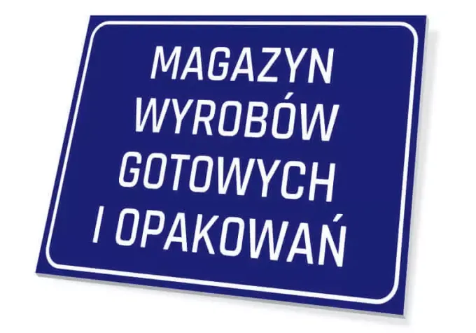 Finished Goods and Packaging Storage Sign - Graphic Design. Rectangular sign with a blue background and white text.