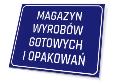 Finished Goods and Packaging Storage Sign - Graphic Design. Rectangular sign with a blue background and white text.