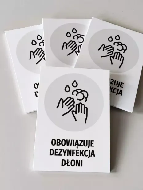 Hand Sanitization Required T481 - Graphic design featuring hands with drops of disinfectant.