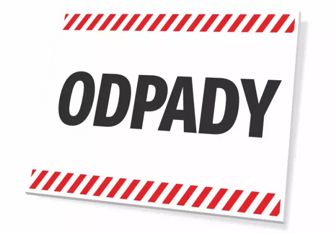 T638 sign, Waste - Graphic design. White sign with large black "WASTE" text, surrounded by red accents.