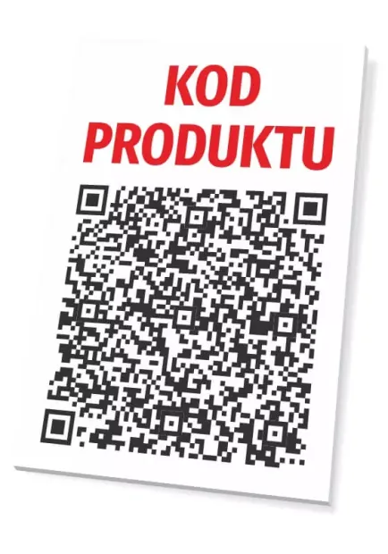 QR Code product sign - Graphic design. White sign with large text and black QR code.