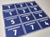 Position sign with number and letter - Graphic design. Rectangular blue signs with white text.