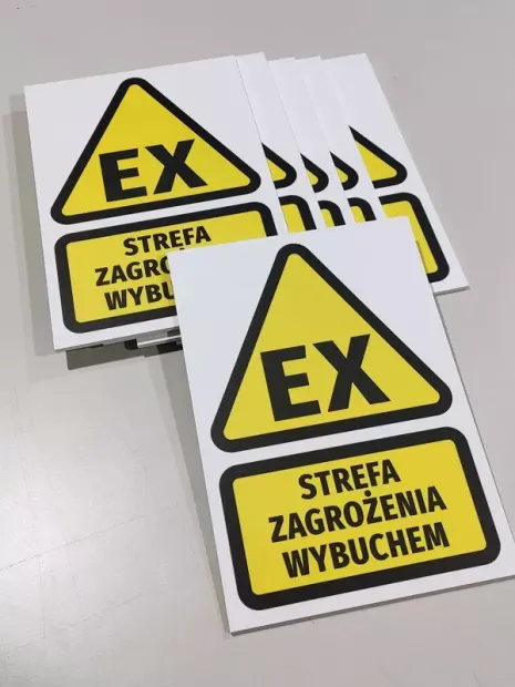 Explosion hazard sign T268 - Graphic design. Yellow triangle with black EX text and rectangle with inscription.