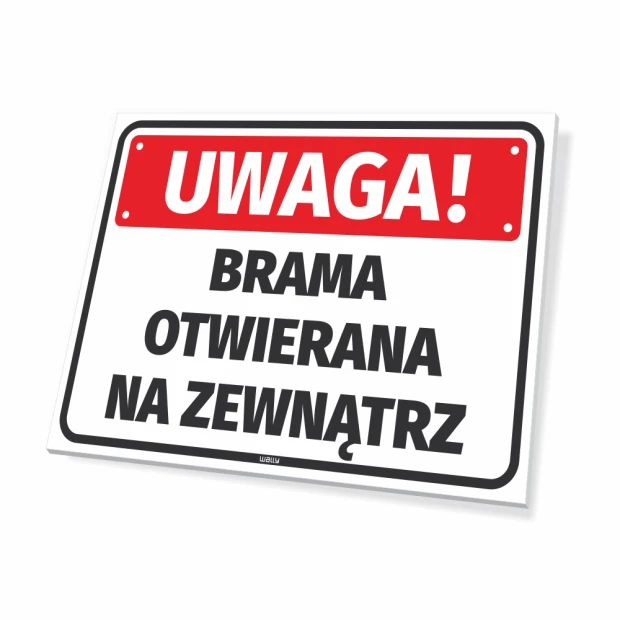 Warning sign: Gate opens outward - Graphic design. Simple rectangle with red background and bold text.