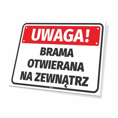 Warning sign: Gate opens outward - Graphic design. Simple rectangle with red background and bold text.