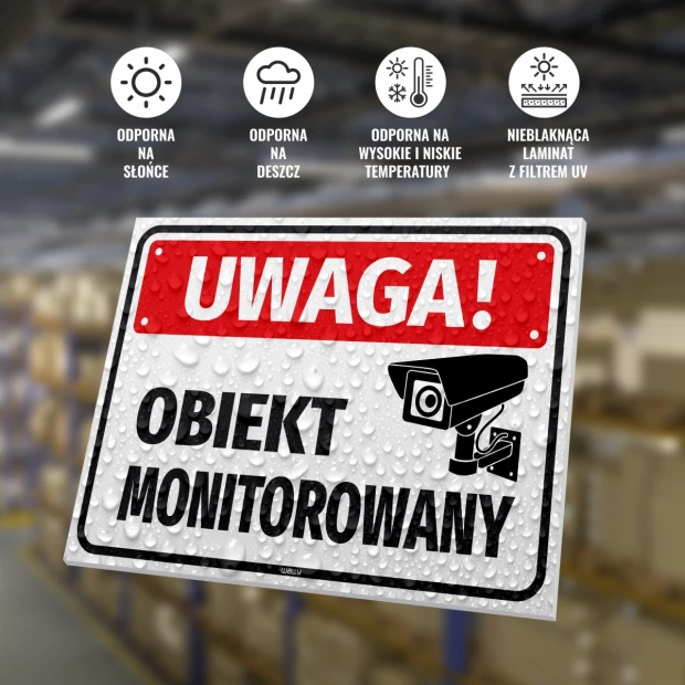 Caution: Monitored Area Sign - Simple design with a camera and bold text on a water droplet background.
