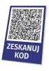 QR Code Sign - Graphic Design. Square QR code on a blue background with white text.