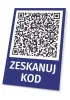QR Code Scan Sign - Graphic design featuring a black QR code on a blue background with large white text.