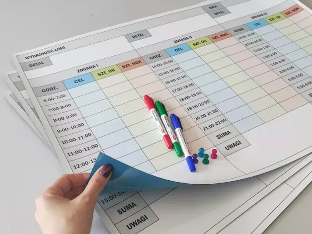 Magnetic dry-erase board lean 068 for 24h production line efficiency - Graphic design with tables, colorful.
