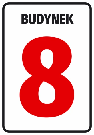 Building sticker with number or letter - Graphic design. Red number 8 on a white background with a black border.