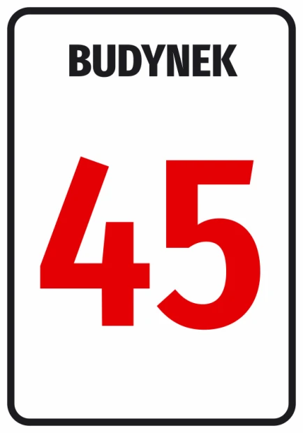 Building sticker with number or letter - Graphic design. White board with black frame, red number 45.