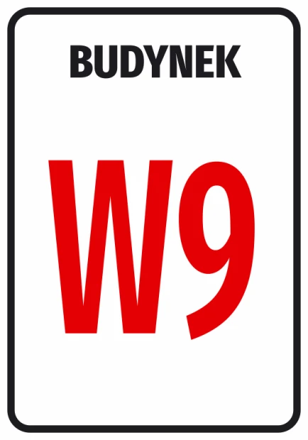 Building sticker with a number or letter - Graphic design. Red text BUILDING above a large red letter W.
