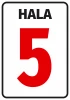 Sticker for Hall with letter or number designation - Graphic design. Red rectangle with white text HALL and large number 5.