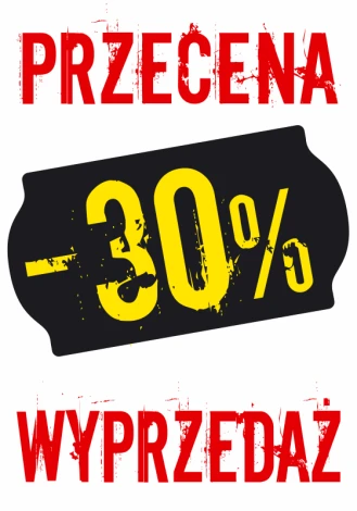 Sale sticker, discount, percentage value - Graphic design. Black rectangle with yellow text -30% and red letters.