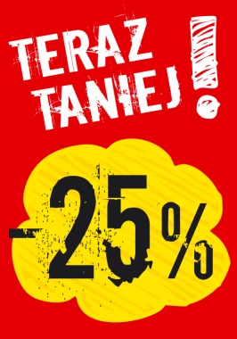Sticker Now cheaper by % - Graphic design. Red background with yellow cloud and large numbers.