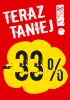 Sticker Now cheaper by % - Graphic design. Red background with a yellow cloud and large black numbers.