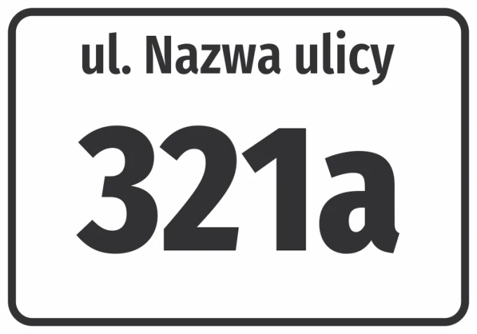 Street and house number sticker - Graphic design. Simple style with large, clear numbers and text on a white background.