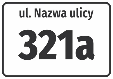 Street and house number sticker - Graphic design. Simple style with large, clear numbers and text on a white background.