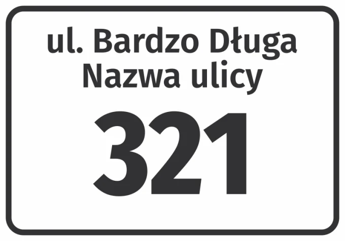 Street and house number sticker - Graphic design. Simple rectangle with white background, black border, and bold text.