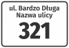 Street and house number sticker - Graphic design. Simple rectangle with white background, black border, and bold text.