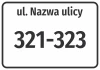 Street and house number sticker - Graphic design. Rectangle with a white background, black text, and large numbers.