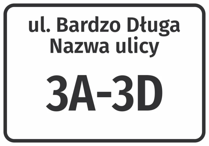 Street and house number sticker - Simple design with a white background, black text, and large numbers.
