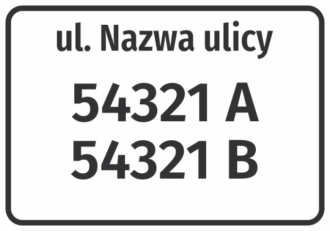 Street and house number sticker - Graphic design. Simple style with large letters and numbers on a white background.