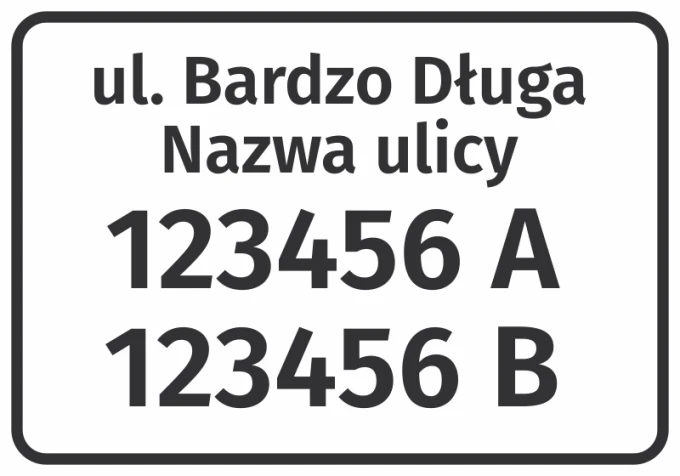 Street and house number sticker - Graphic design. Simple style, black text on white background with numbers and street name.
