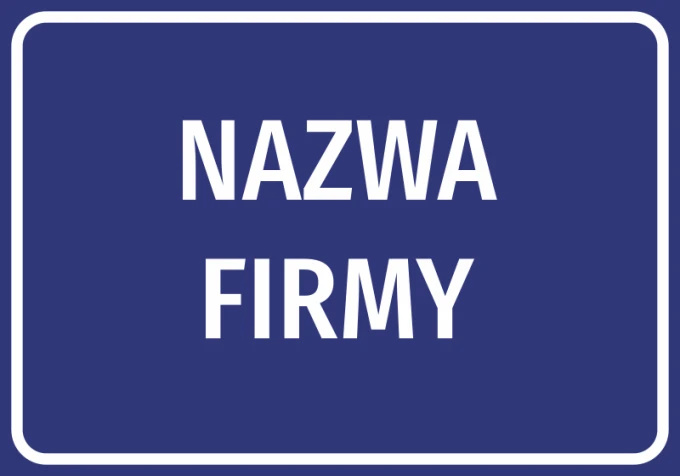 Company name sticker with a graphic design. Simple rectangle on a navy background with white text.