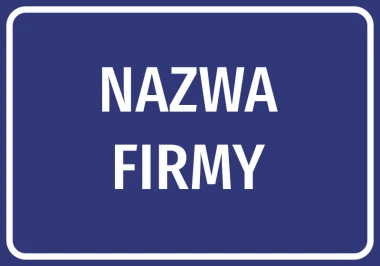 Company name sticker with a graphic design. Simple rectangle on a navy background with white text.