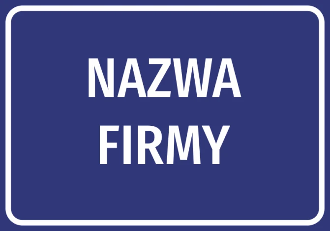 Company name sticker with a graphic design. Simple rectangle on a navy background with white text.